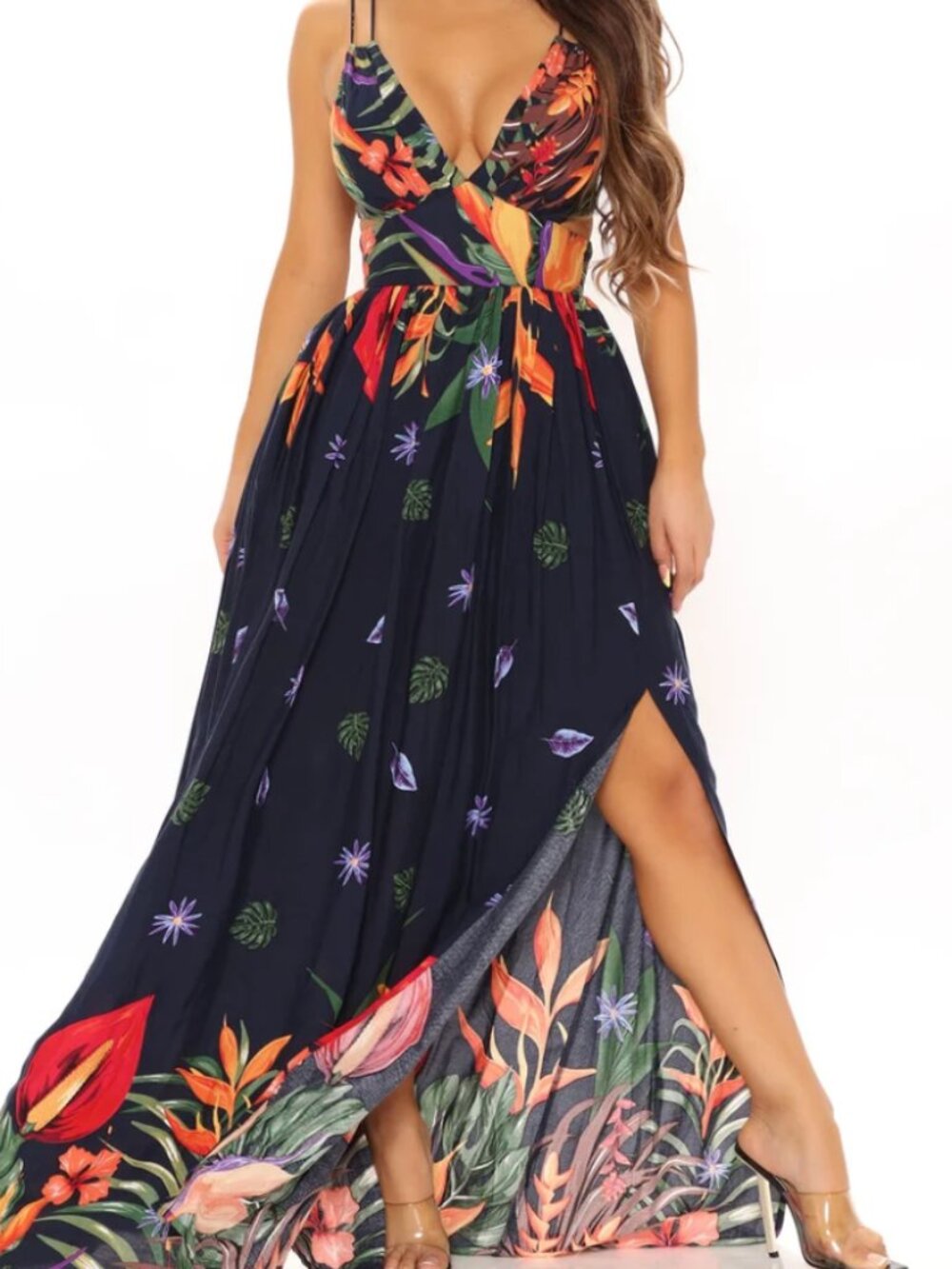 Fashion Nova Navy Tropical Floral Pleated Maxi Dress Size L